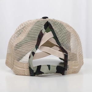 Detail of camouflage baseball cap with criss-cross elastic bands for high ponytail styles