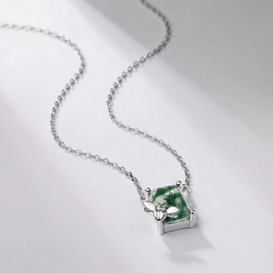 S925 silver bee necklace with square green moss agate pendant on a clean white background