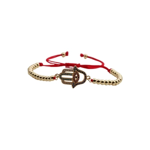 Hamsa Hand gold beaded bracelet with red adjustable rope and colored zircon stones