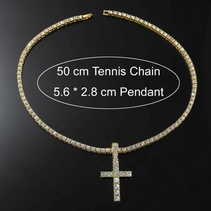 Detail of 50cm gold tennis chain and 5.6x2.8cm iced out cross pendant with CZ stones