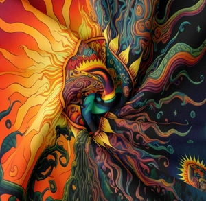 Macro detail of psychedelic mushroom tapestry with sun and moon pattern fabric texture