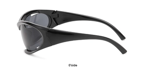 Side view of sleek black Y2K wraparound sports sunglasses with dark grey lenses