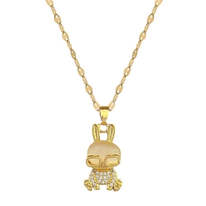 Elegant gold titanium steel necklace featuring a crystal-encrusted rabbit pendant with opal