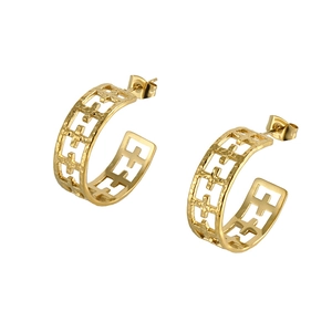 Classic gold-plated titanium steel C-shape hoop earrings with hollow geometric cross pattern