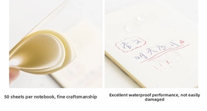 Waterproof transparent sticky notes showing durability against water droplets on white paper