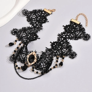 Gothic black lace choker necklace with gold alloy chains and teardrop beads pendant