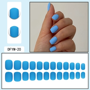 Matte sky blue short square press-on nails with full 24-piece set layout display