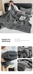 Detail of dark grey carved faux rabbit fur blanket showing thick texture and striped pattern