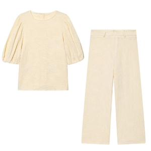 Haut À Manches Bouffantes En Jacquard Brodé Et Pantalon Large Femmes Décontracté Streetwear Élégant Crème Abricot