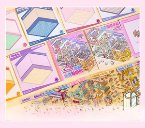 Detailed preview of 3D miniature scenery sticker book featuring 6 diverse shop themes