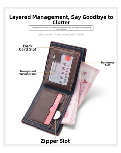 Detailed view of bifold leather wallet showing card slots, coin pocket, and bill compartment