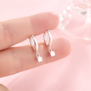 Minimalist Copper Silver Plated Square Cube Pendant Hoop Earrings For Women Korean Style Geometric Ear Buckle Fashion Jewelry Gift