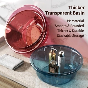 Set of two thick transparent plastic washbasins in amber and blue for bathroom use