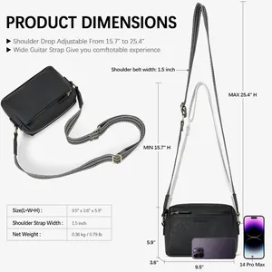 Detailed size chart showing dimensions and adjustable guitar strap of small crossbody bag