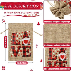 96 Pcs Linen Valentine Party Gift Bags with Heart Gnome Designs and Drawstrings