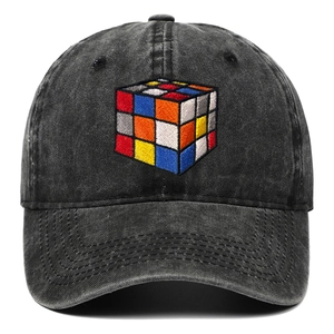 Washed black denim baseball cap with a colorful 3D Rubik's cube embroidery detail