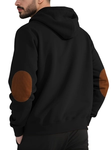 Detailed back view of men's black hoodie featuring brown contrast elbow patches