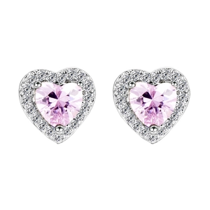 Classic silver heart earrings with pink cubic zirconia and white diamond halo