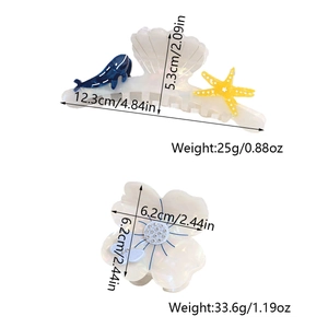 Detailed dimensions for acetate shell hair claw and floral clip with blue stones