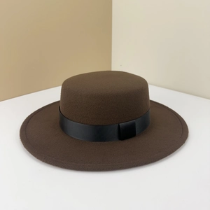Elegant dark brown wool felt boater hat with a black ribbon band for women and men