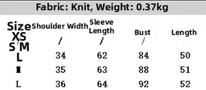 Size chart for contrast embroidery knit cardigan with detailed measurements in centimeters