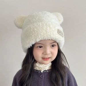 Cute white plush knit hat with bear ears for girls, cozy winter fleece cap with HOY label
