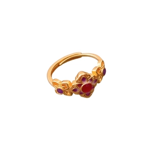 Vintage 24K gold plated hollow flower ring with red stone and purple enamel finish