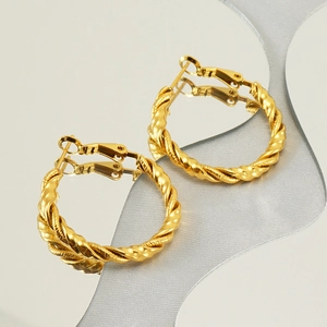 Elegant 18k gold plated stainless steel twisted hoop earrings with textured finish
