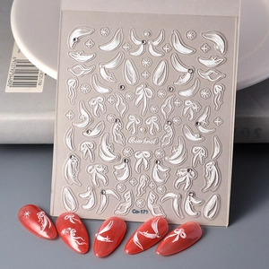 Embossed Nail Art Stickers White Bowknot Ribbon Star Design Rhinestone Faux Artificial Pearl Waterproof Self Adhesive Manicure Decor