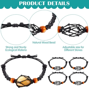 Bracciale a rete intrecciata regolabile con perle in legno naturale e pietra di cristallo