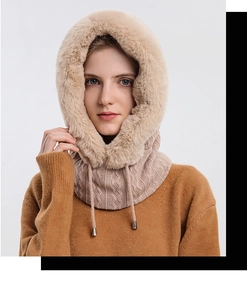 Detail of beige winter balaclava with thick knit texture and warm faux fur lining