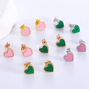 Heart Stud Earrings 316L Stainless Steel Beaded Border Enamel Peach Heart Minimalist Fashion Jewelry For Women