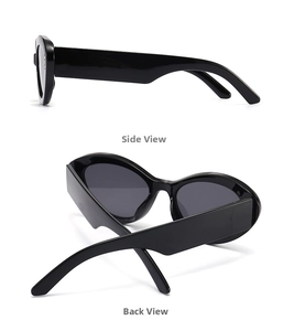 Detailed side and back views of black chunky retro sunglasses with wide temples