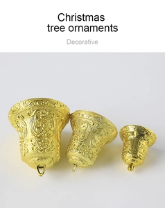 Three golden Christmas bells with embossed patterns in varying sizes for tree decoration