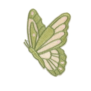 Embroidered butterfly patch in green and cream with fine needlework for clothing