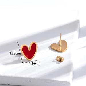 Luxury gold-framed red heart stud earrings in stainless steel, front and back views