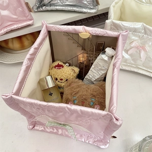 Pink quilted PU leather organizer bin with bow and lace detail for makeup storage