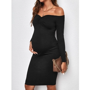 Detail of off-shoulder maternity dress with pleated chest design and long sleeves