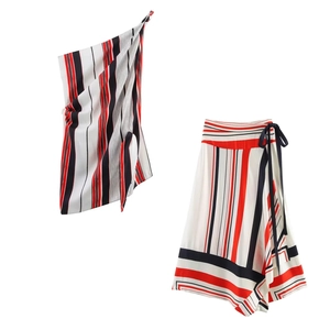 Women's two-piece set with asymmetric one-shoulder stripe top and wrap midi skirt