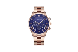 Detail of rose gold quartz watch featuring a blue sunray dial and multifunction sub-dials