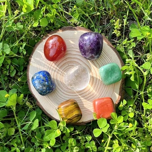 Polished natural chakra crystals including amethyst and tiger eye on a rustic wood base