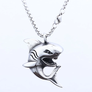 Rugged stainless steel shark pendant necklace with vintage silver finish on box chain