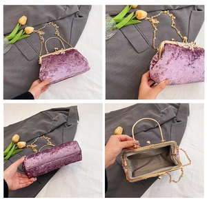 Detailed views of purple velvet shell clutch bag with gold metal frame and chain strap