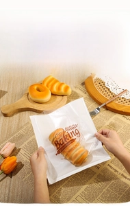 Close-up of greaseproof toast bread packaging bag with Baking Handmade print