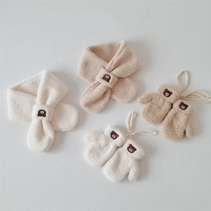 Winter plush scarf and mittens set for babies with cute bear embroidery in beige and brown