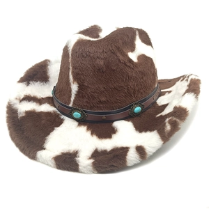 Cowboy Hat Plush Cow Print Faux Fur Wide Brim Western Vintage Style For Women With Turquoise Faux Leather Belt