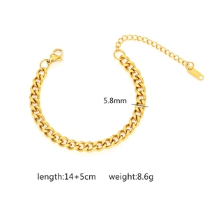 Detail view of 5.8mm gold stainless steel wheat chain bracelet with dimensions and weight