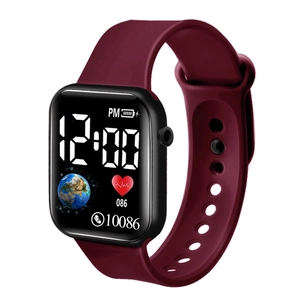 Detail view of burgundy digital watch screen showing steps, heart rate and time display