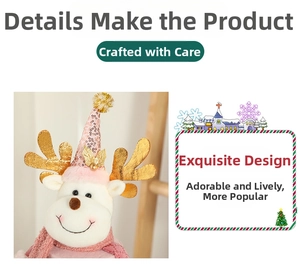 Detailed view of Christmas reindeer doll featuring pink sequin hat and golden antlers