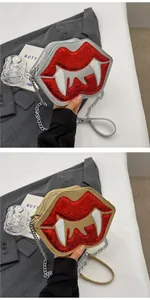 Close-up of gothic red sequin lip crossbody bags with fangs in silver and khaki colors